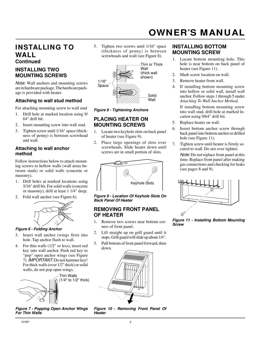 Desa VN6C, VN10 Installing TWO Mounting Screws, Placing Heater on Mounting Screws, Removing Front Panel of Heater 