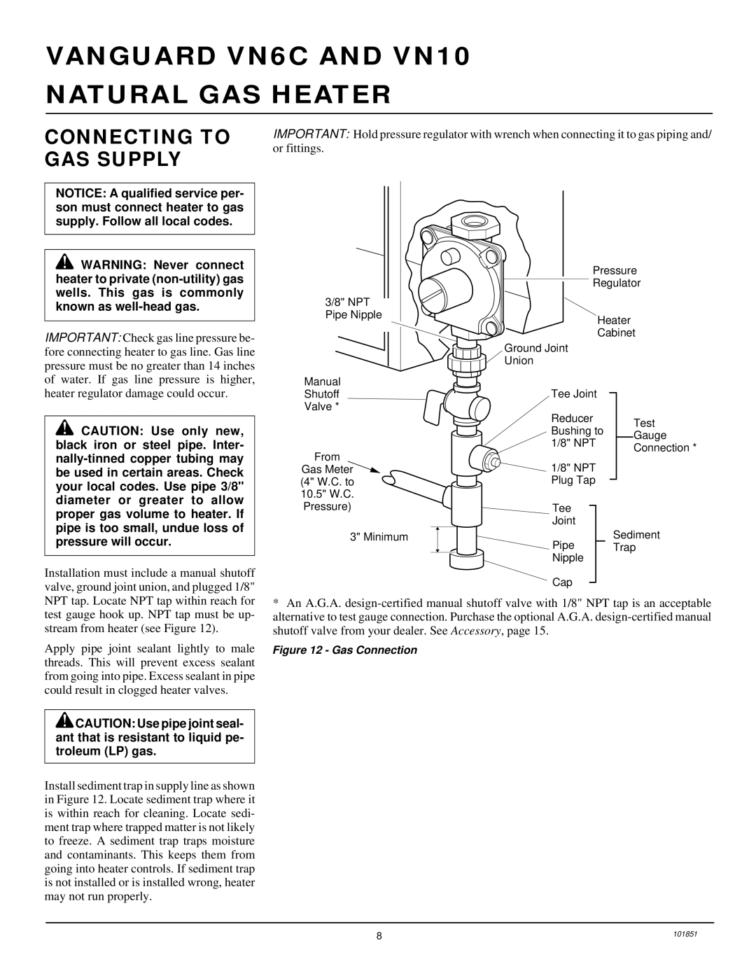 Desa VN10, VN6C installation manual Connecting to GAS Supply, Gas Connection 