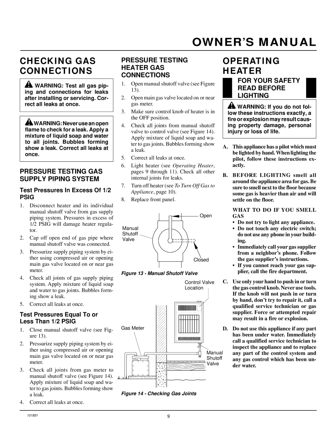 Desa VN6C, VN10 installation manual Checking GAS Connections, Operating, Heater 