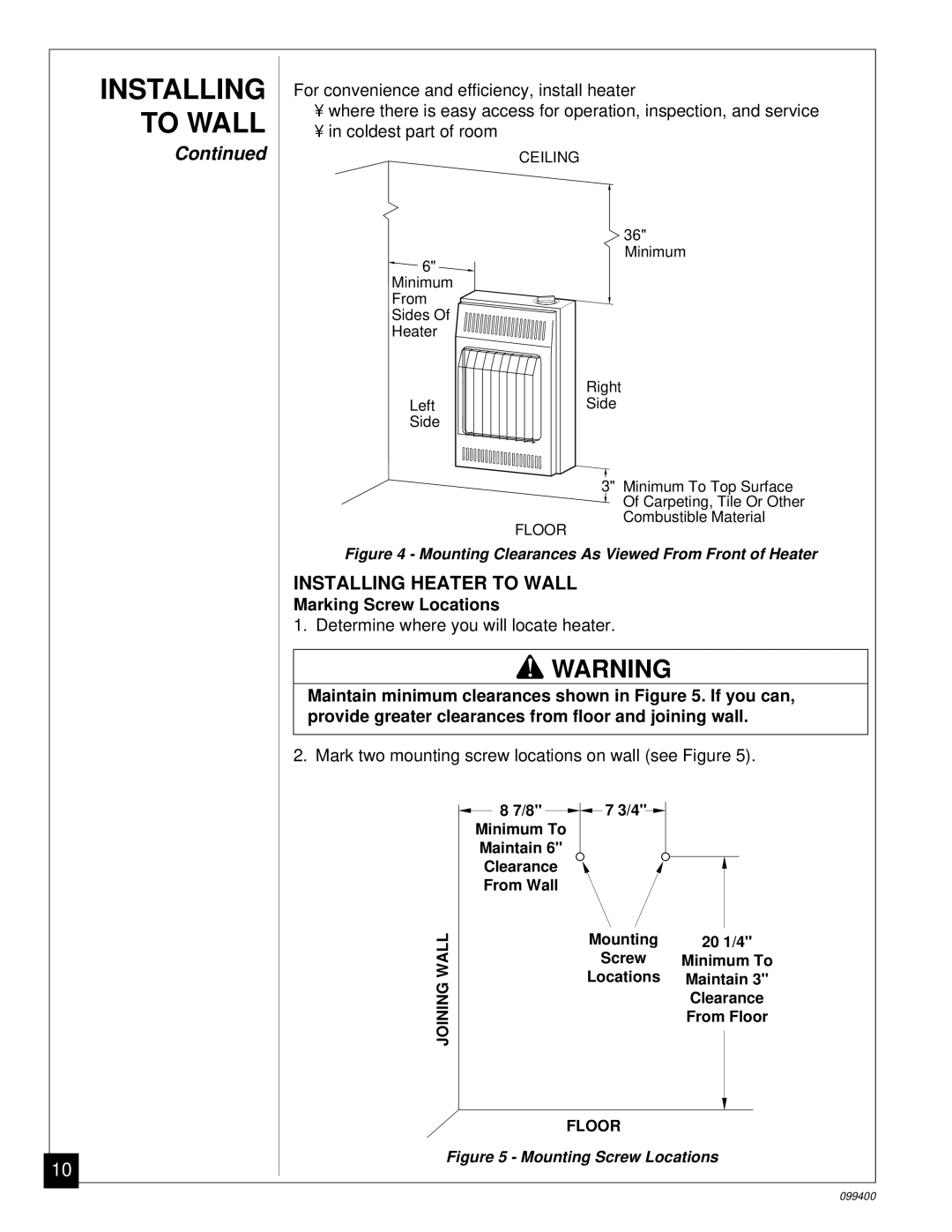 Desa VN1000B installation manual Installing Heater to Wall, Marking Screw Locations 