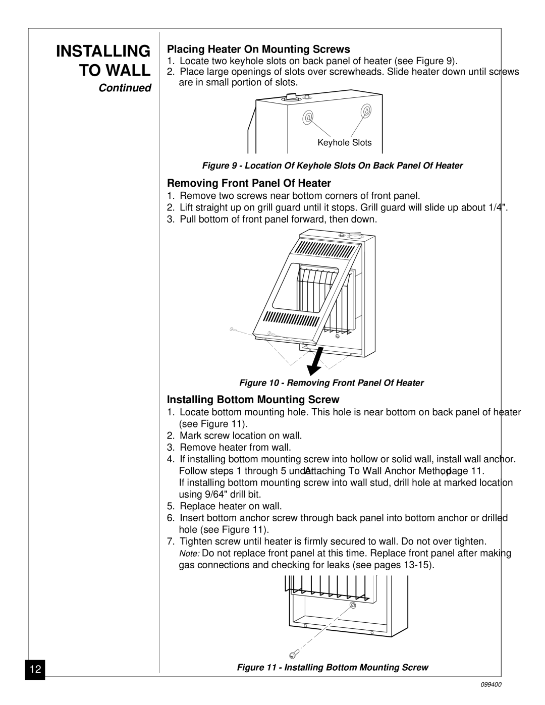 Desa VN1000B installation manual Placing Heater On Mounting Screws 