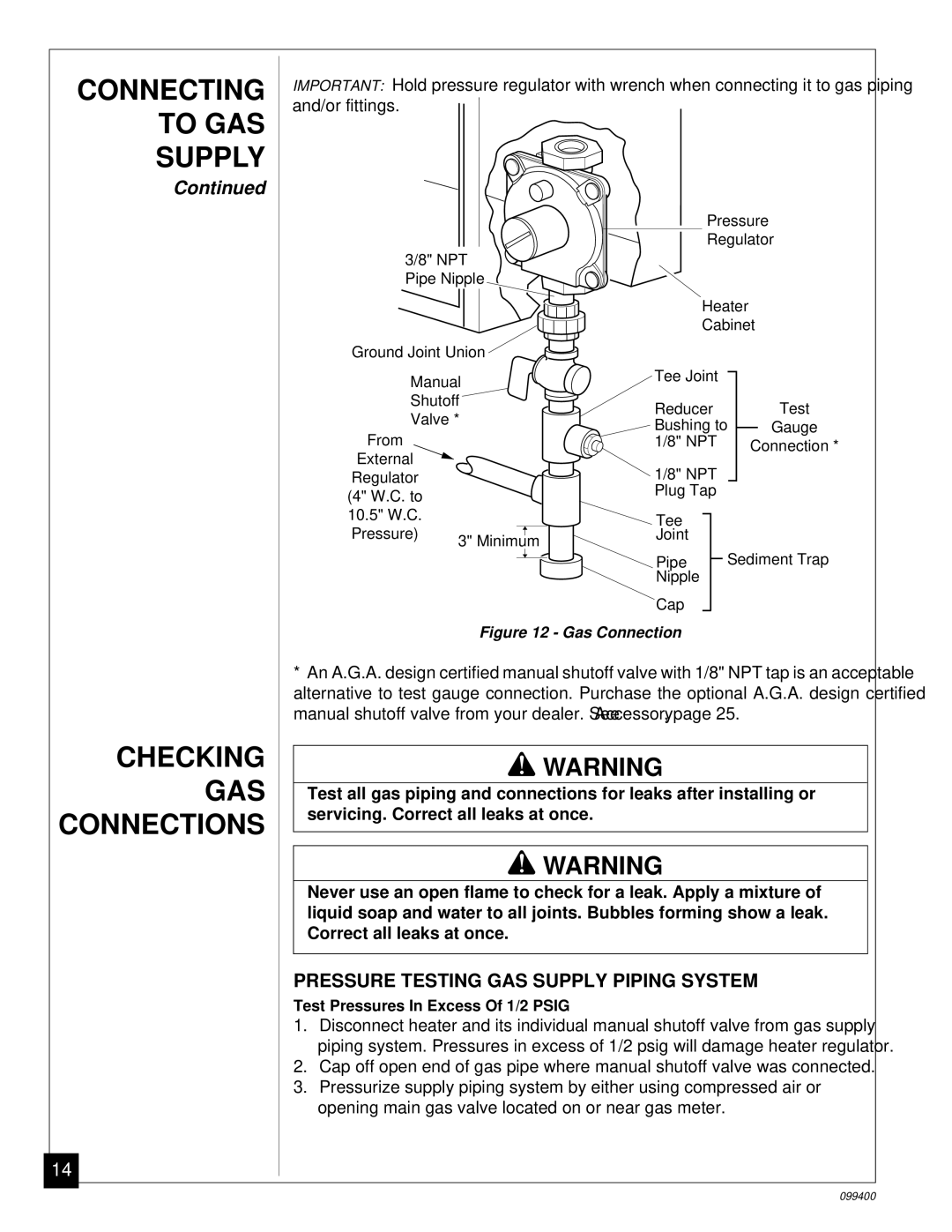 Desa VN1000B Connecting to GAS Supply Checking GAS Connections, Pressure Testing GAS Supply Piping System 