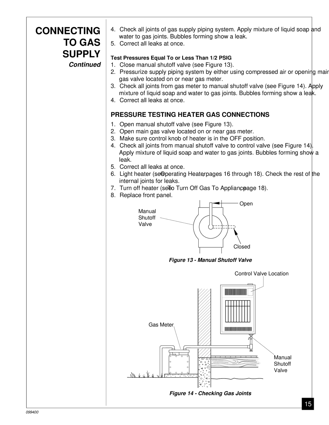 Desa VN1000B installation manual Pressure Testing Heater GAS Connections, Manual Shutoff Valve 