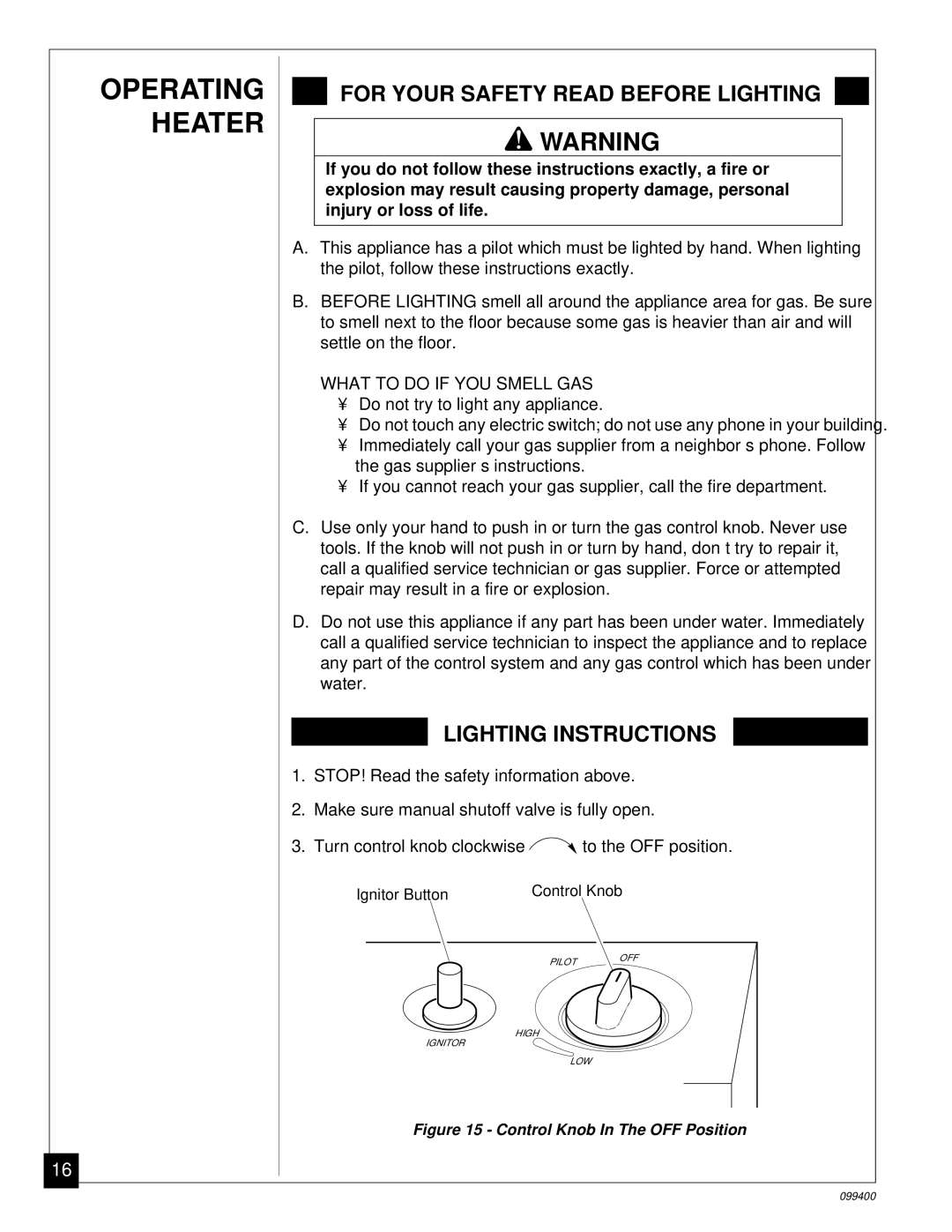 Desa VN1000B installation manual Operating Heater, For Your Safety Read Before Lighting 