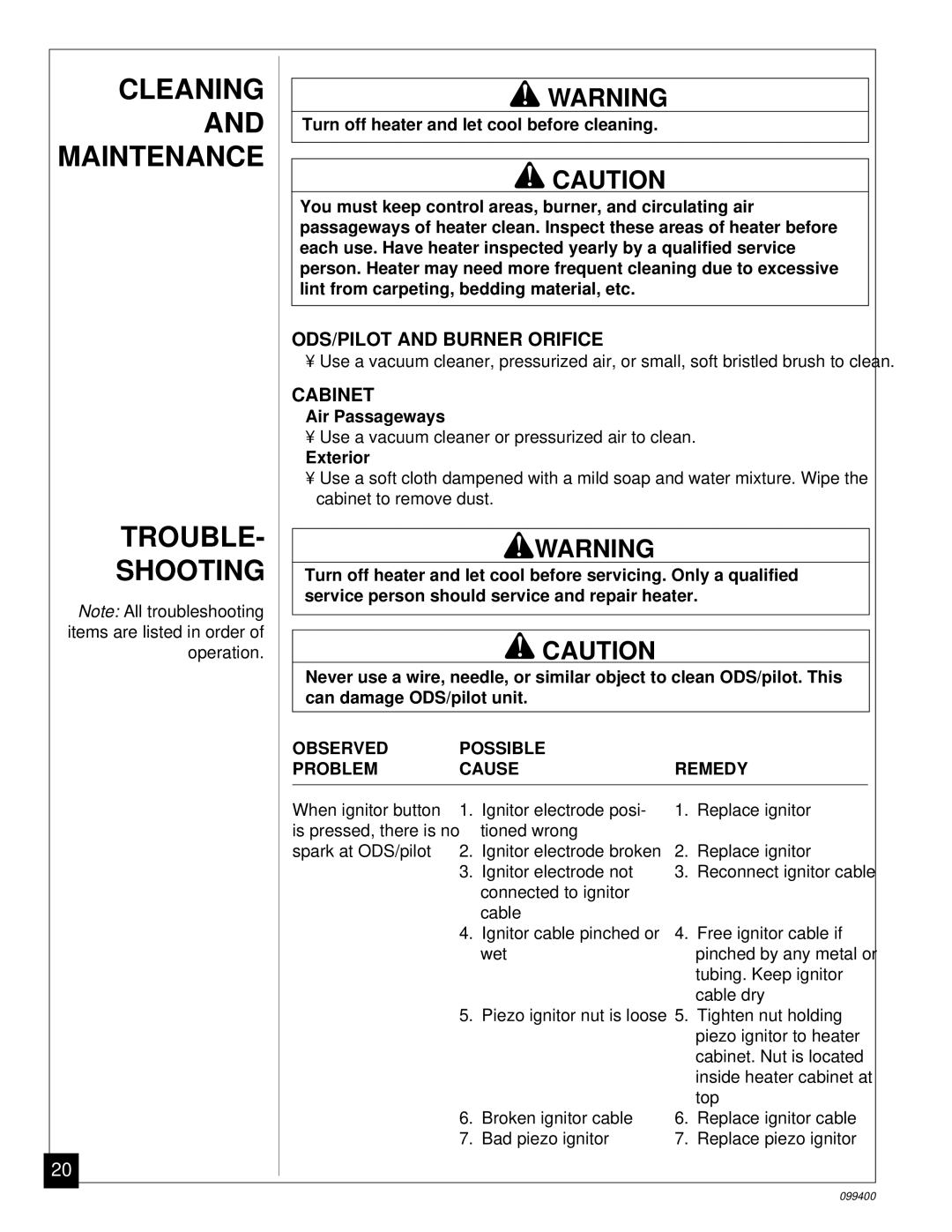 Desa VN1000B installation manual Cleaning and Maintenance Trouble Shooting, ODS/PILOT and Burner Orifice, Cabinet 