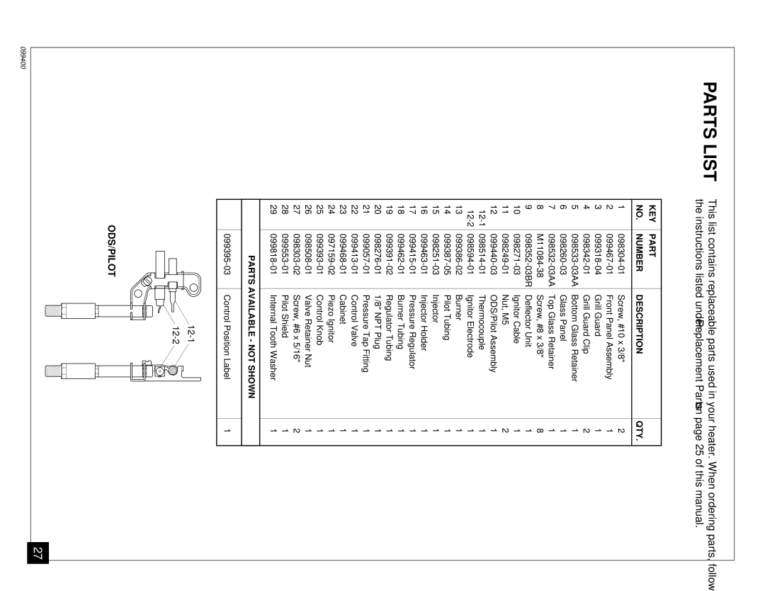 Desa VN1000B installation manual Parts List, KEY Part Number Description QTY 