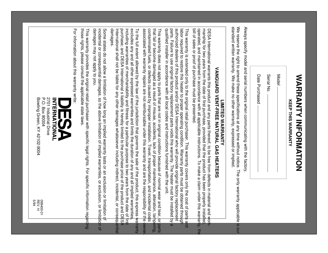 Desa VN1000B installation manual Warranty Information, Keep this Warranty 