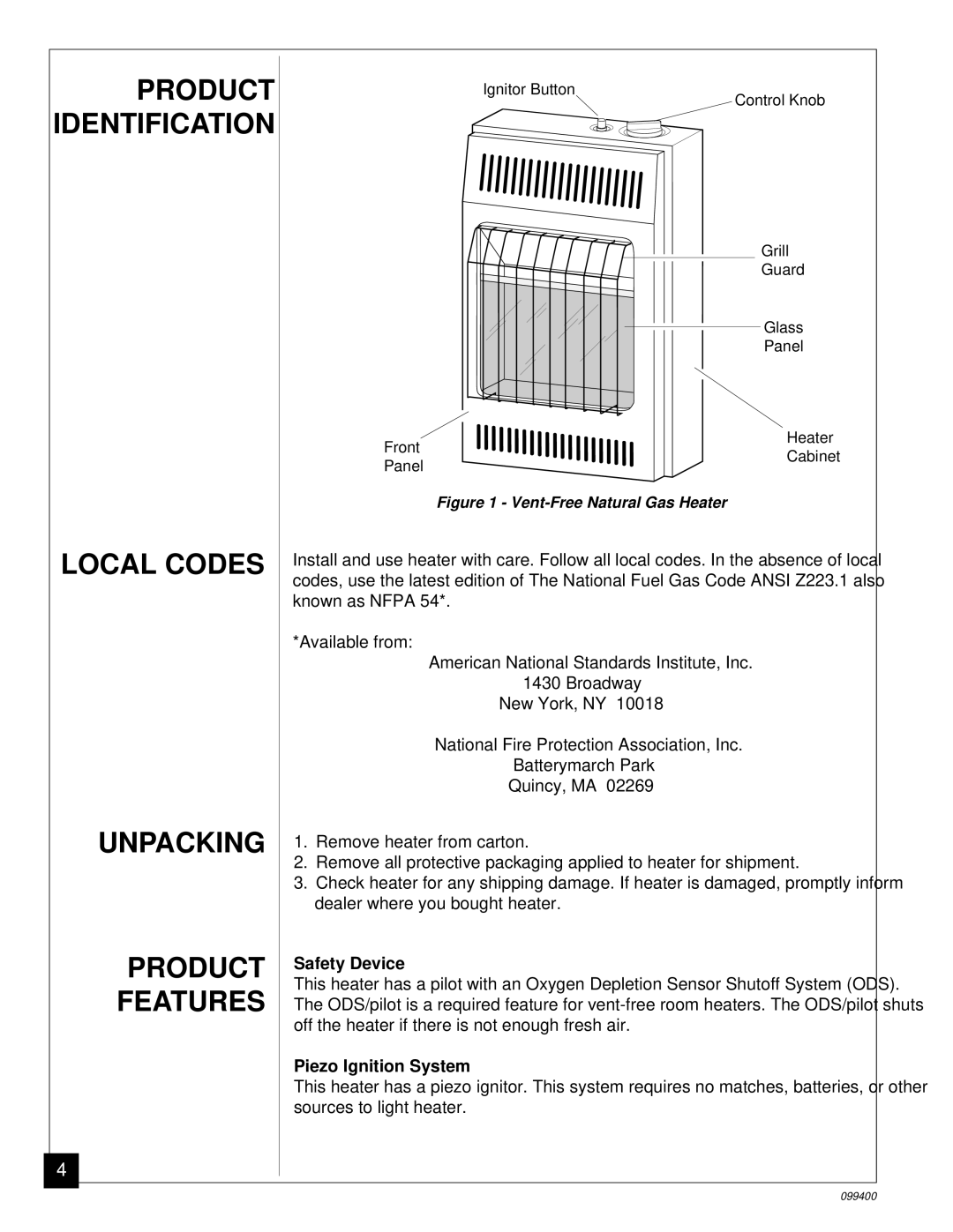 Desa VN1000B Product Identification, Local Codes Unpacking Product Features, Safety Device, Piezo Ignition System 