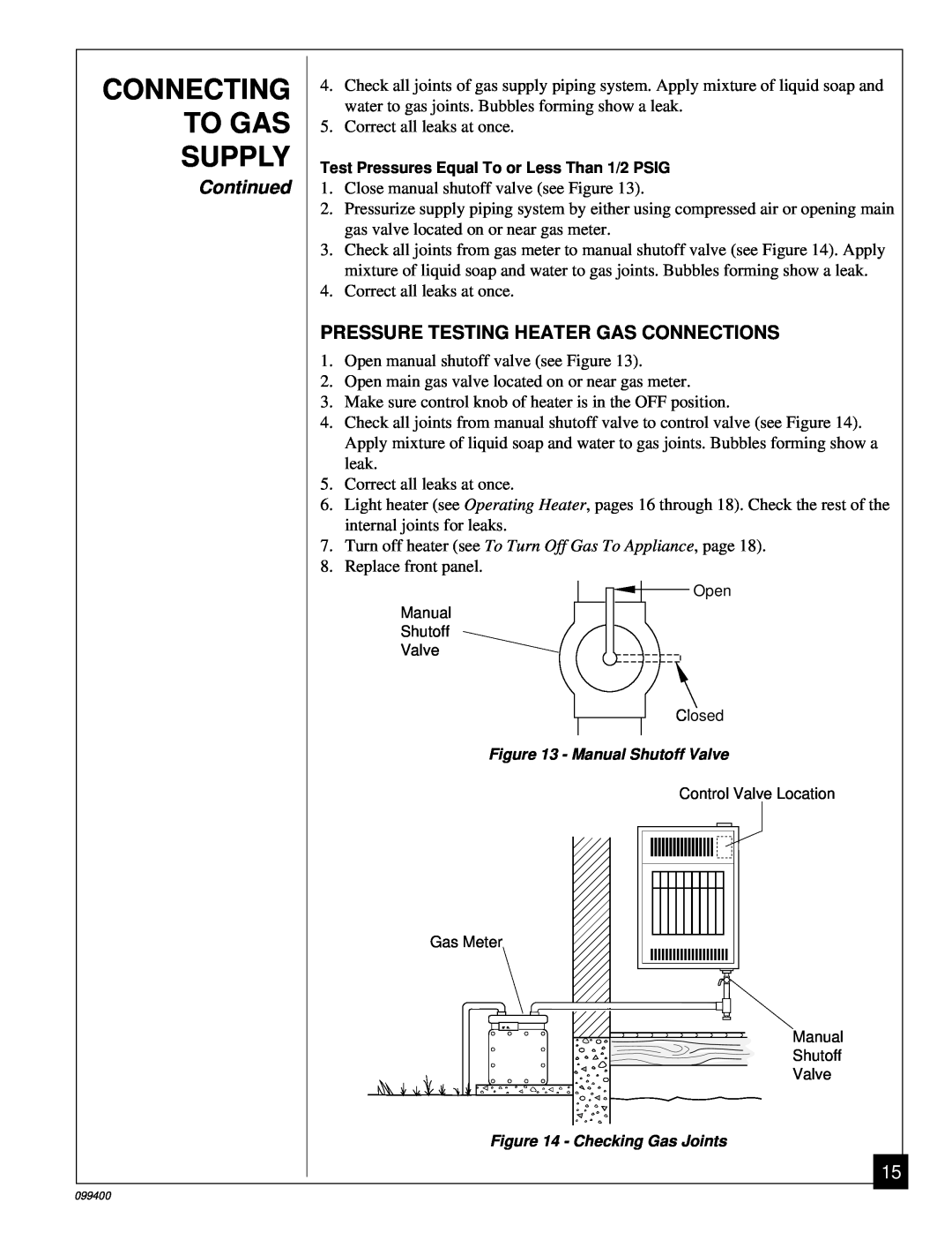 Desa VN1000B installation manual Connecting To Gas Supply, Continued, Pressure Testing Heater Gas Connections 