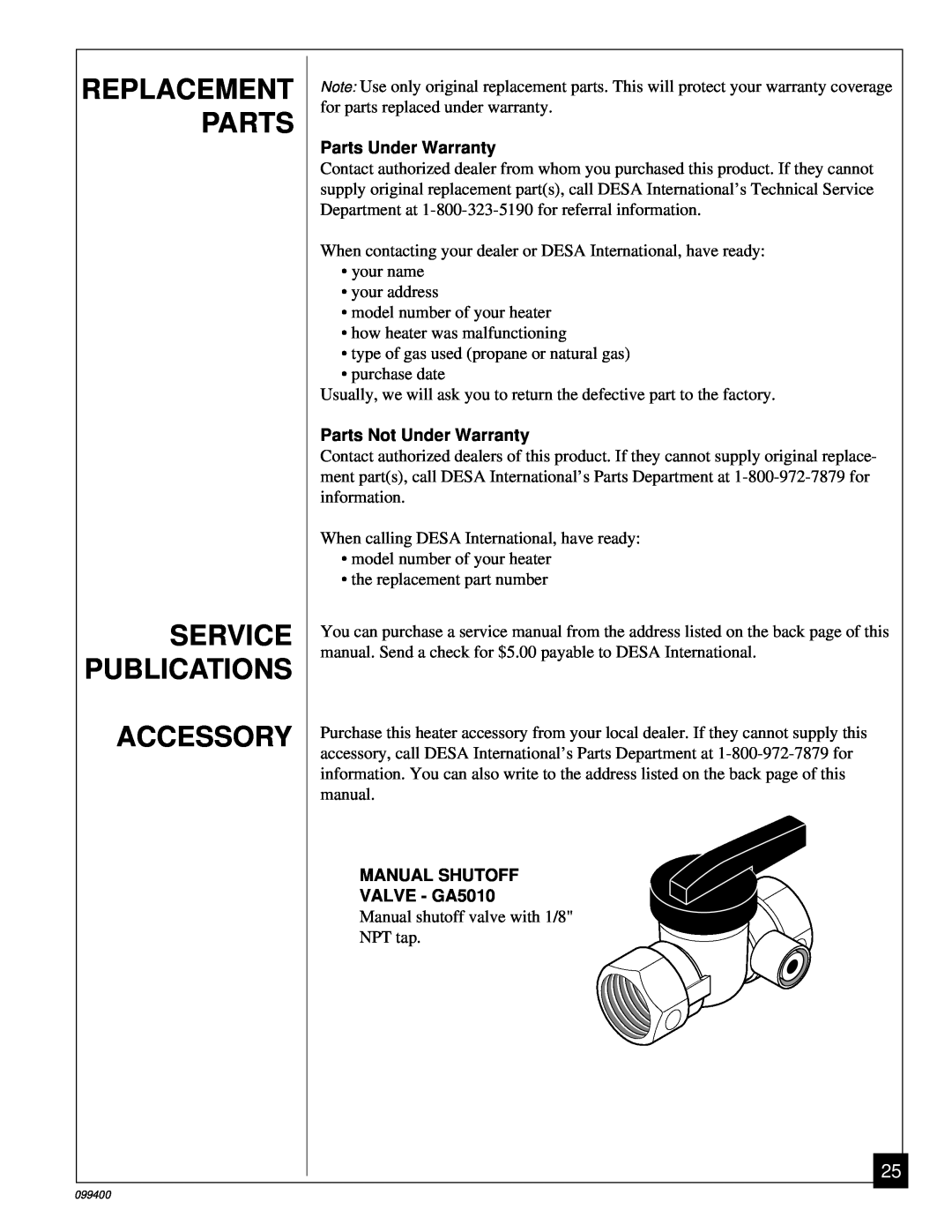 Desa VN1000B Replacement Parts Service Publications Accessory, Parts Under Warranty, Parts Not Under Warranty 