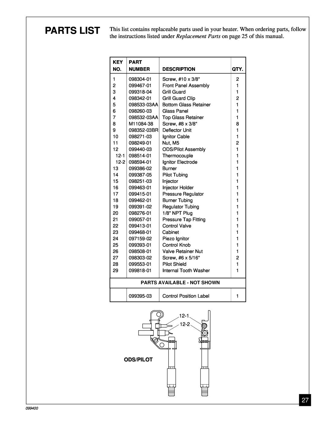 Desa VN1000B installation manual Parts List, Ods/Pilot 