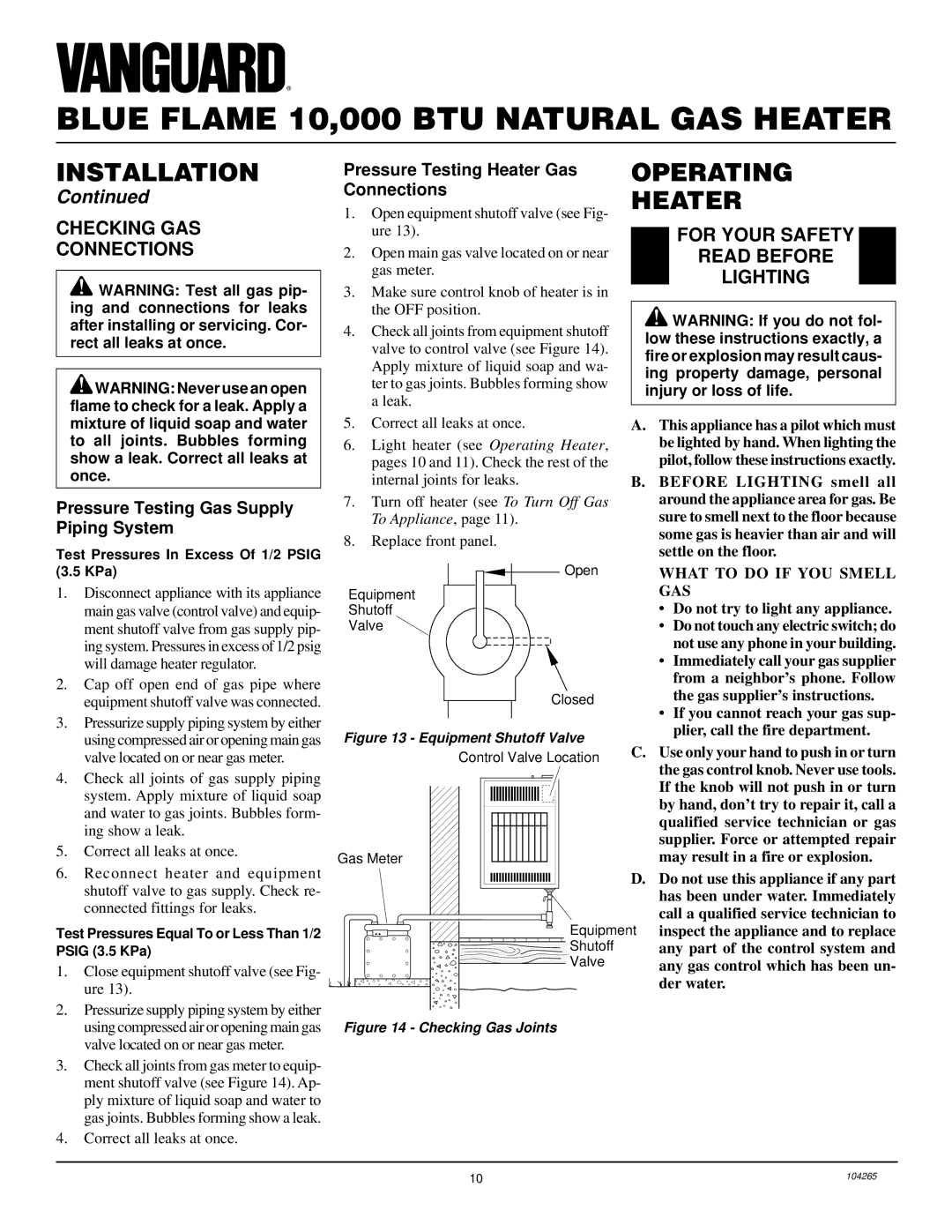 Desa VN1000BTA installation manual Operating Heater, Checking GAS Connections, For Your Safety Read Before Lighting 