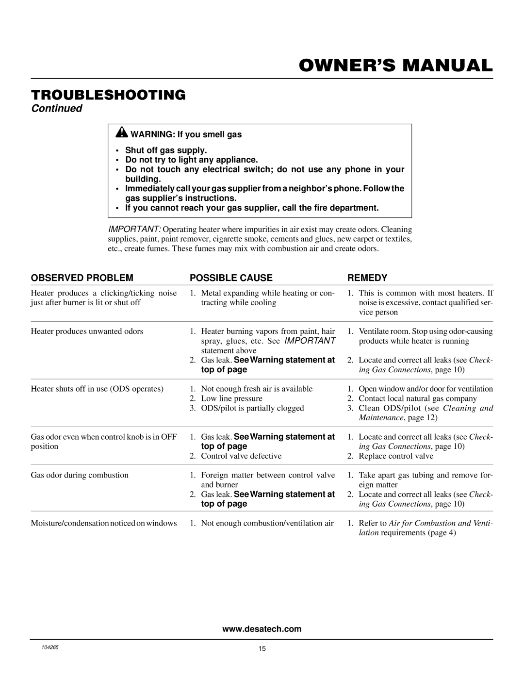 Desa VN1000BTA installation manual Gas leak. See Warning statement at 