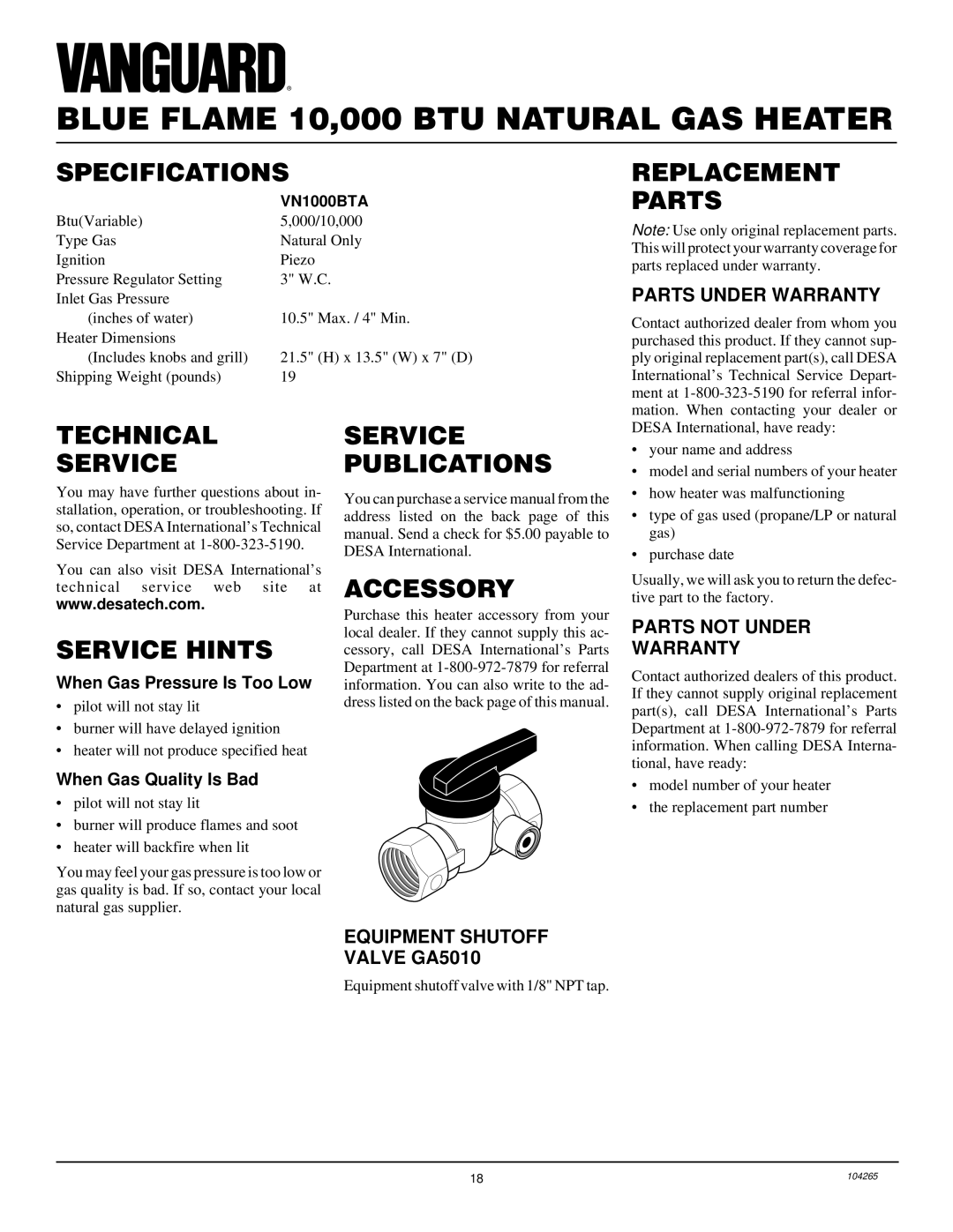 Desa VN1000BTA Specifications, Replacement Parts, Technical Service, Service Hints, Service Publications Accessory 