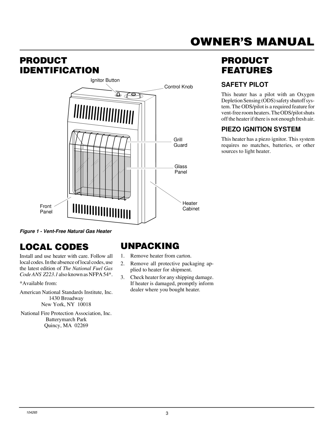 Desa VN1000BTA installation manual Product Identification, Product Features, Local Codes, Unpacking 