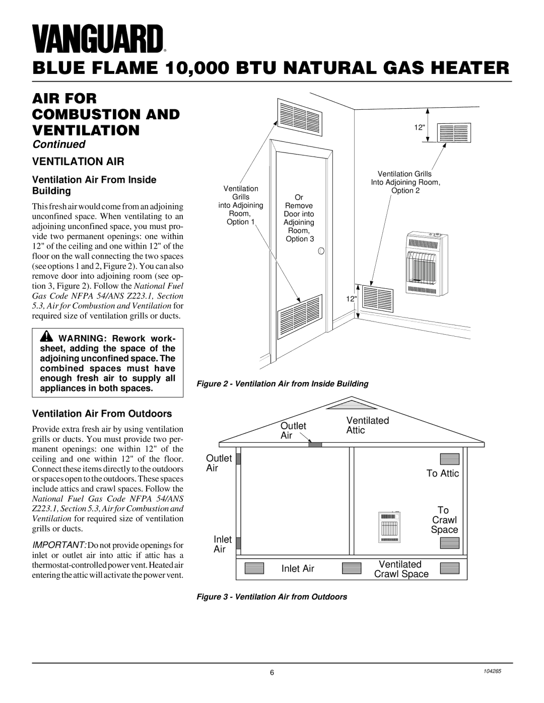 Desa VN1000BTA installation manual Ventilation AIR, Ventilation Air From Inside Building, Ventilation Air From Outdoors 