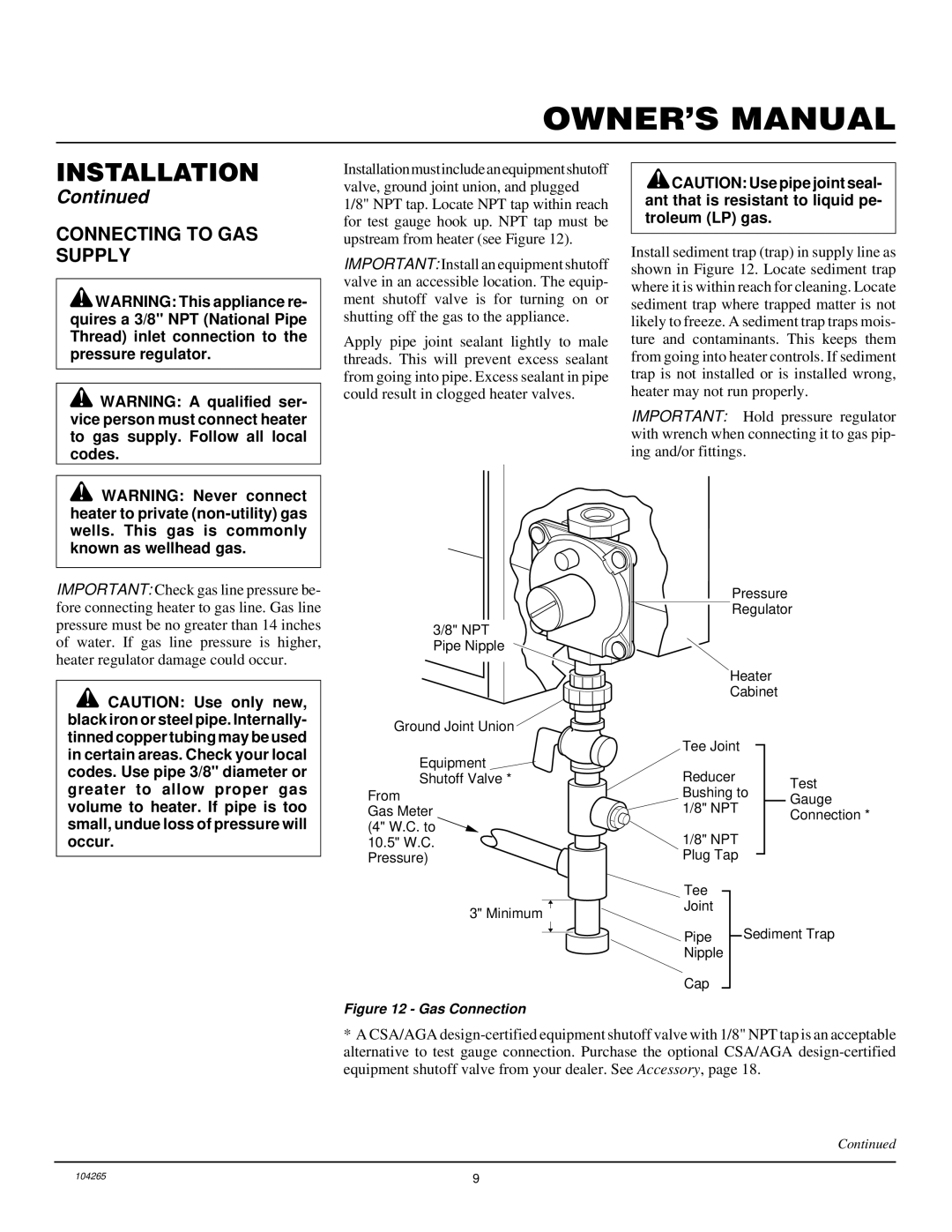 Desa VN1000BTA installation manual Connecting to GAS Supply, Gas Connection 