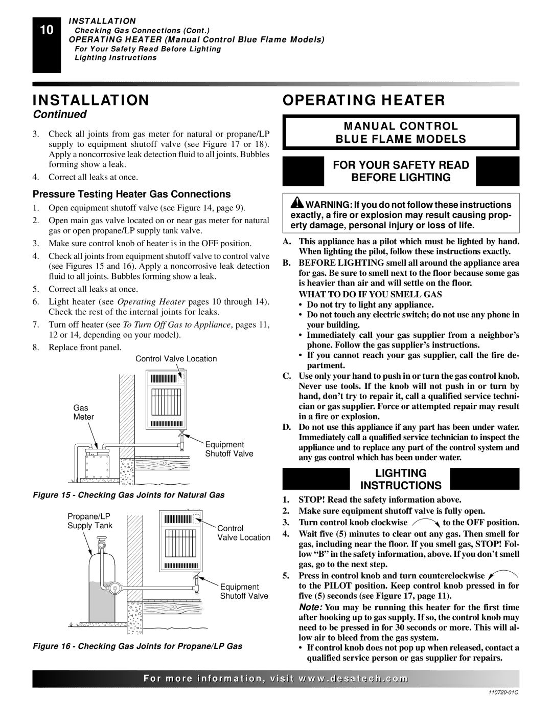 Desa VN10A installation manual Operating Heater, Lighting Instructions, Pressure Testing Heater Gas Connections 