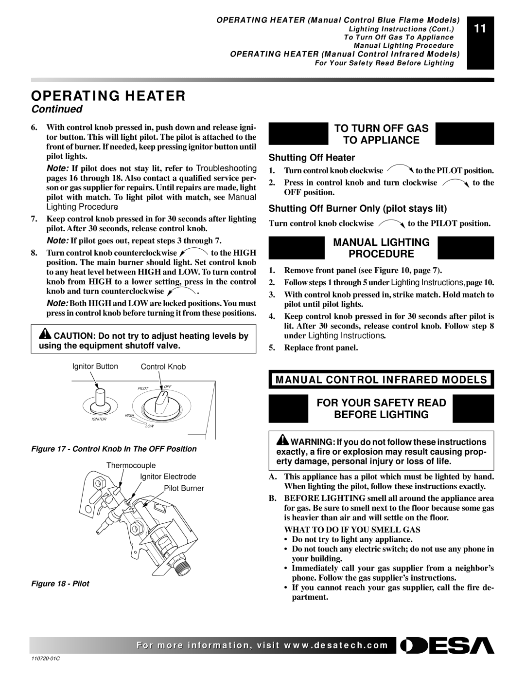 Desa VN10A installation manual To Turn OFF GAS To Appliance, Manual Lighting Procedure, Shutting Off Heater 