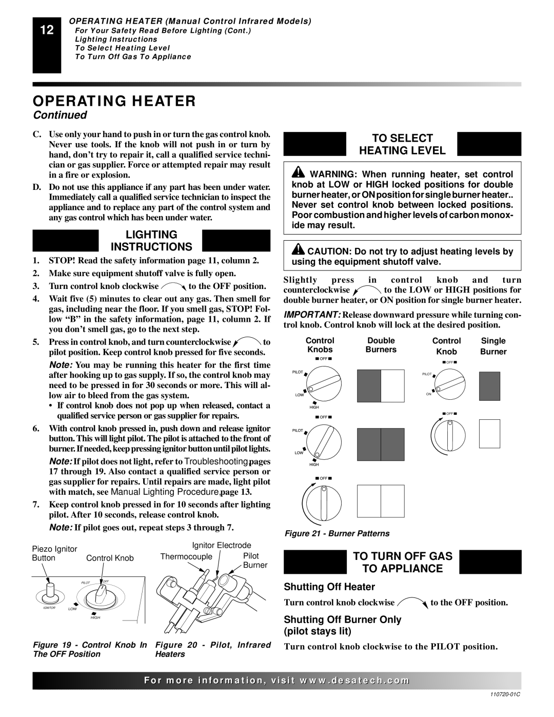 Desa VN10A installation manual To Select Heating Level, Burner Patterns 