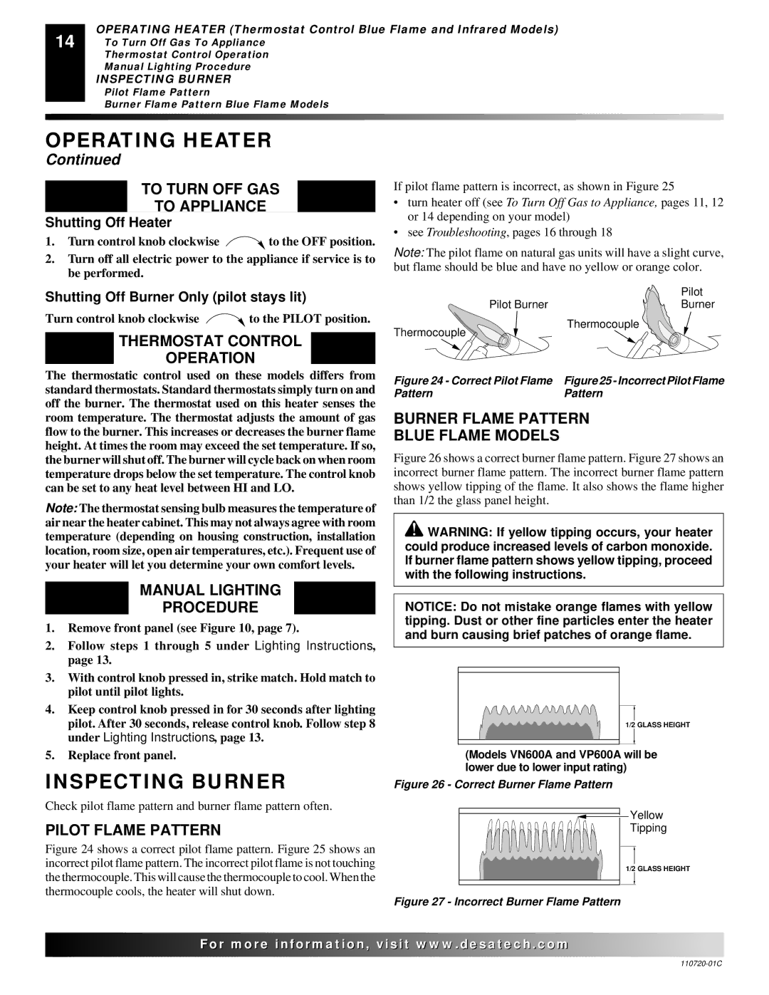 Desa VN10A Inspecting Burner, Thermostat Control Operation, Burner Flame Pattern Blue Flame Models, Pilot Flame Pattern 