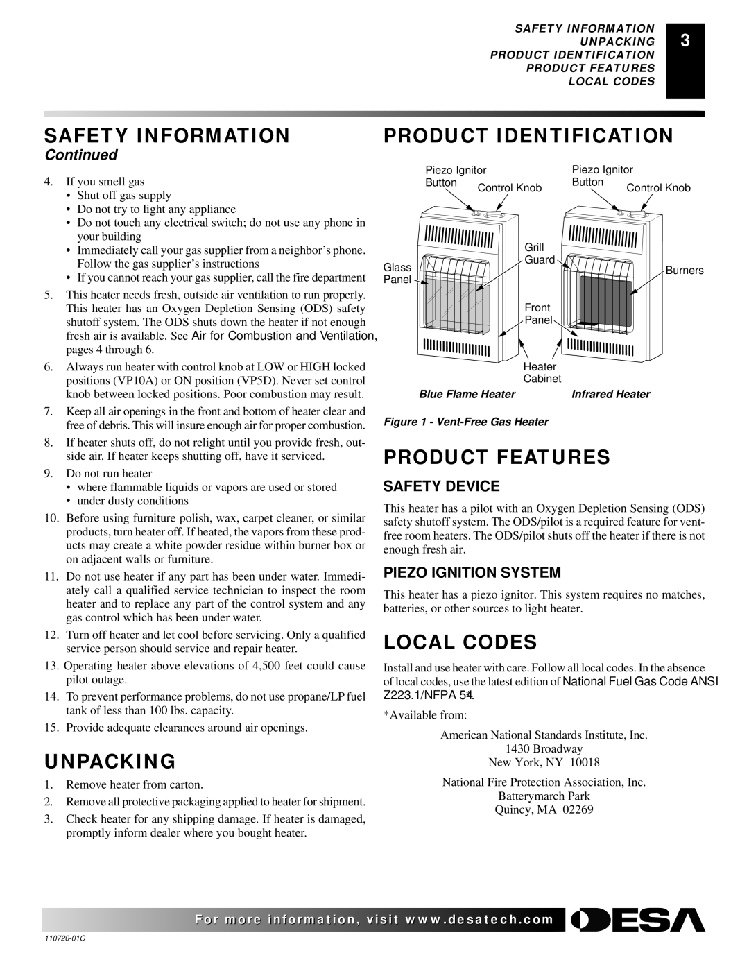 Desa VN10A installation manual Unpacking, Product Identification, Product Features, Local Codes 