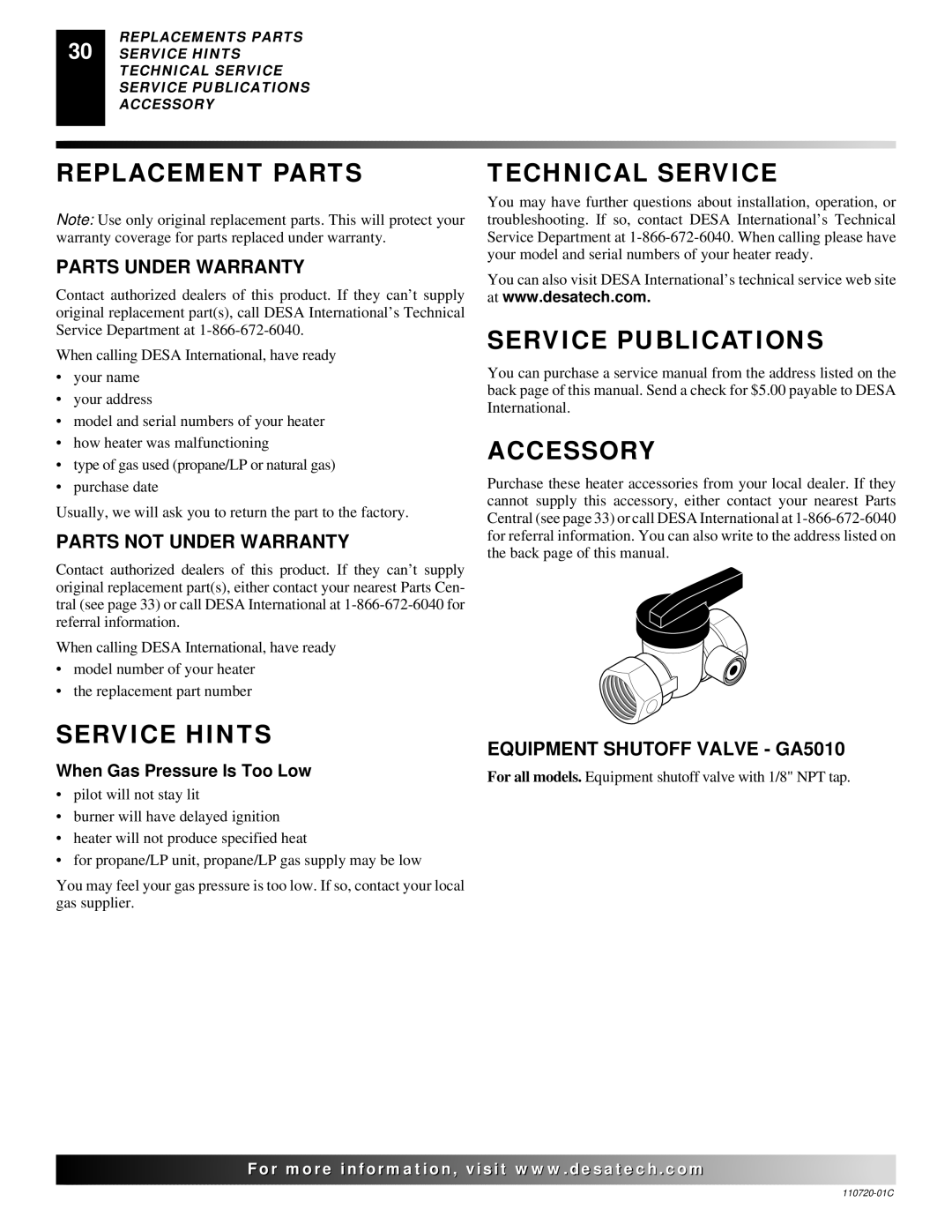 Desa VN10A installation manual Replacement Parts, Technical Service, Service Publications, Service Hints Accessory 