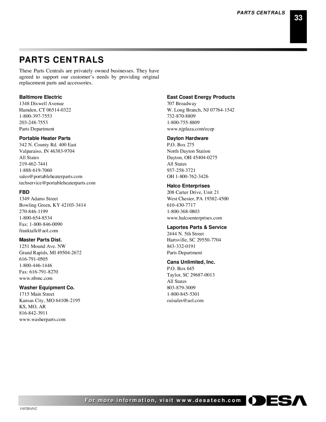 Desa VN10A installation manual Parts Centrals, Baltimore Electric 