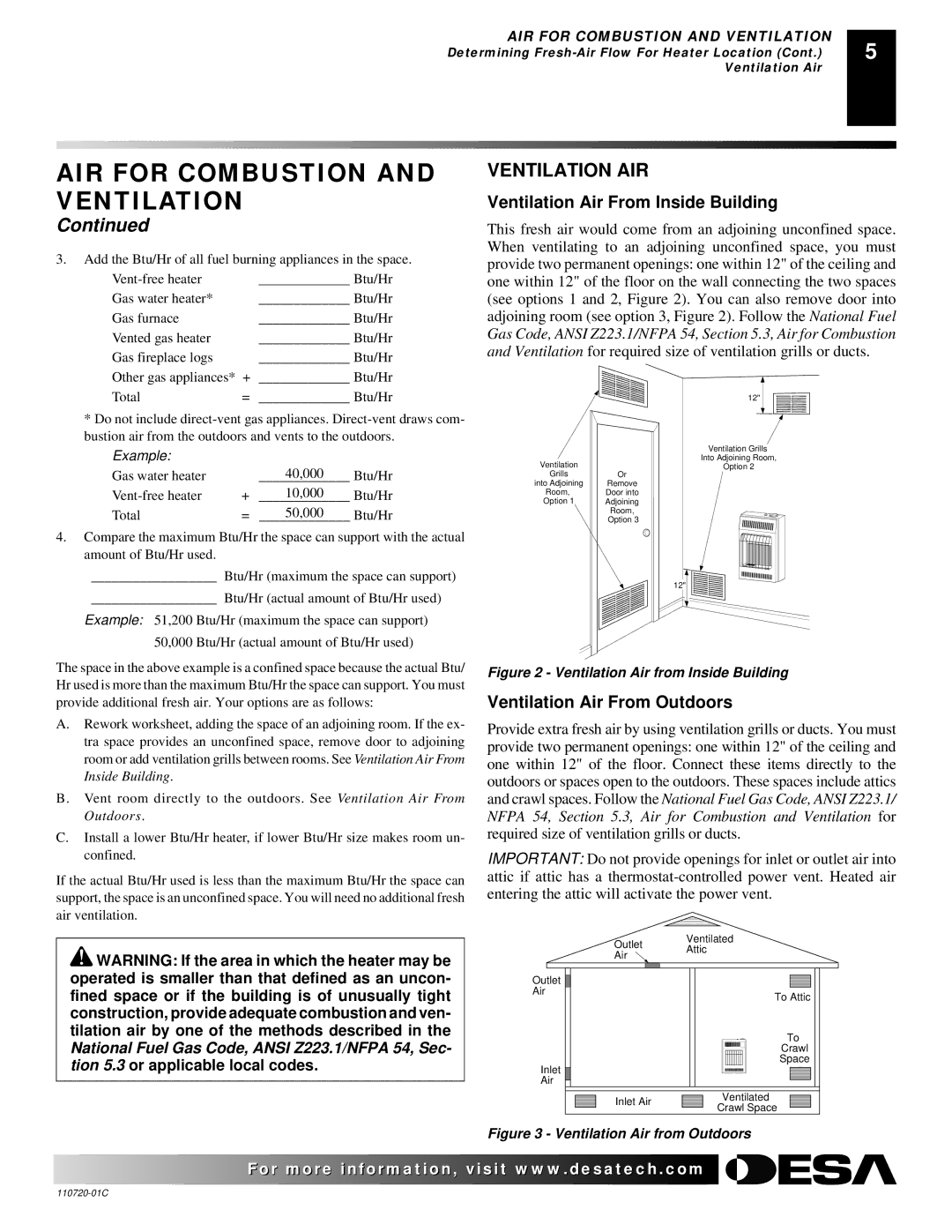 Desa VN10A AIR for Combustion, Ventilation AIR, Ventilation Air From Inside Building, Ventilation Air From Outdoors 