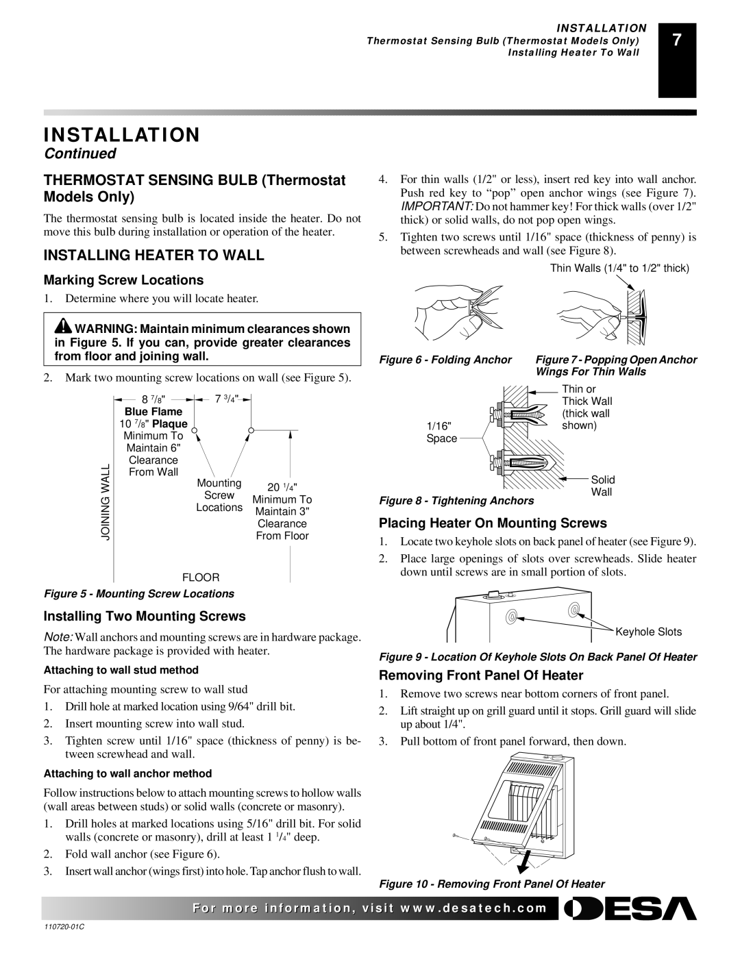 Desa VN10A installation manual Installing Heater to Wall, Marking Screw Locations, Installing Two Mounting Screws 