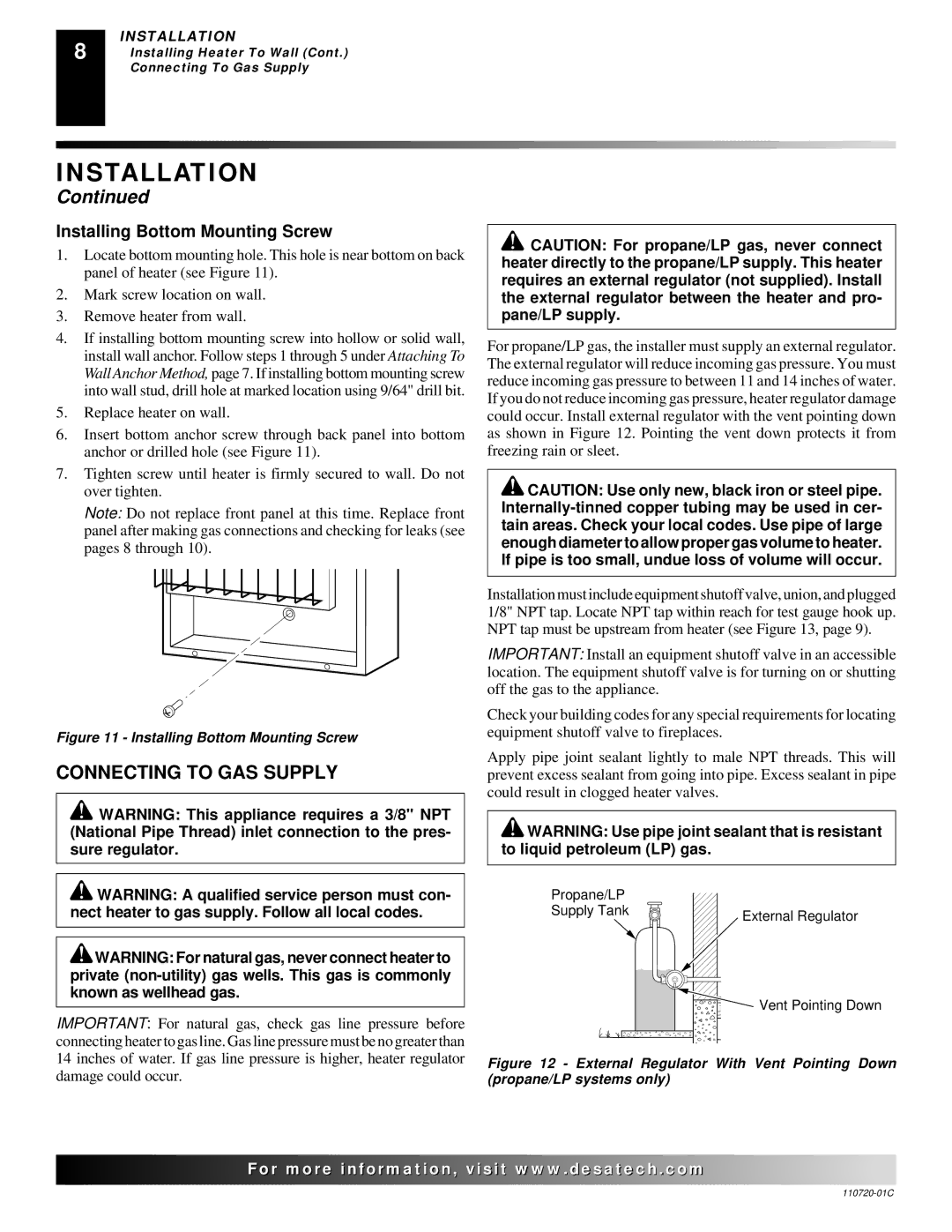 Desa VN10A installation manual Connecting to GAS Supply, Installing Bottom Mounting Screw 