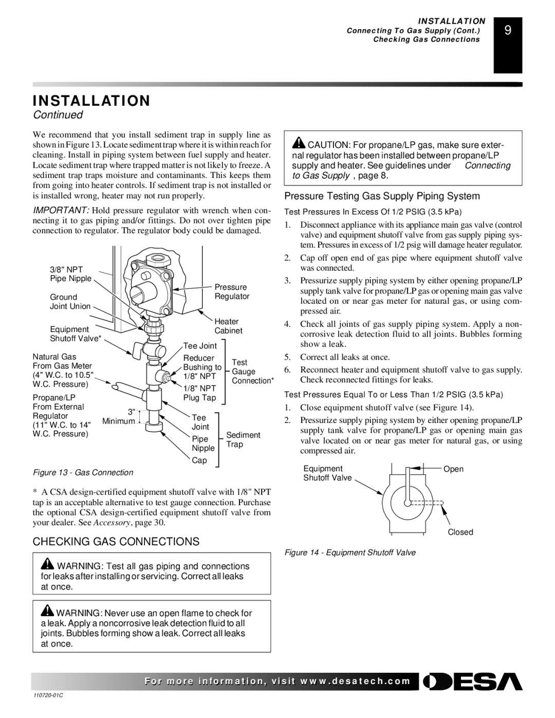 Desa VN10A installation manual Checking GAS Connections, Pressure Testing Gas Supply Piping System 