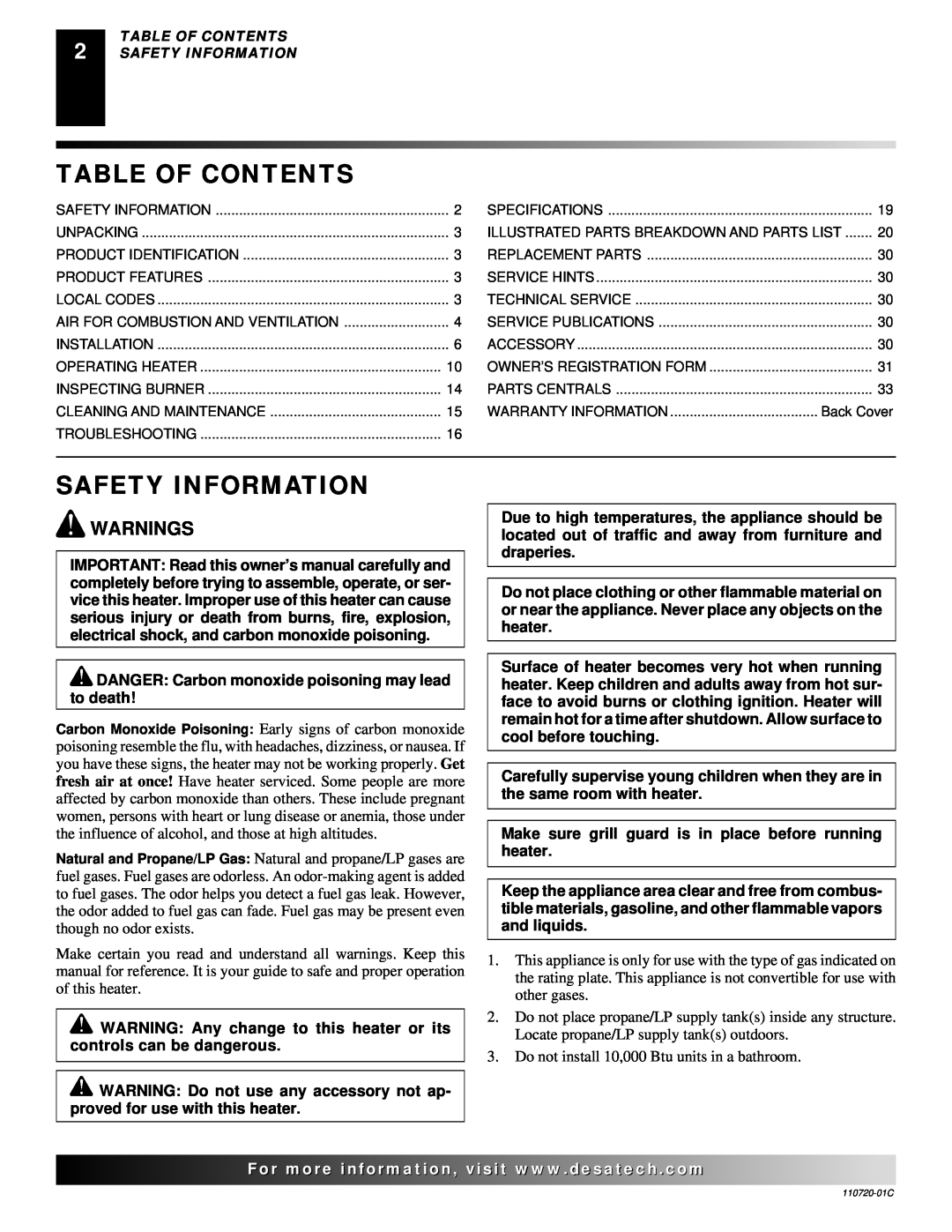 Desa VN10A installation manual Table Of Contents, Safety Information, Warnings 