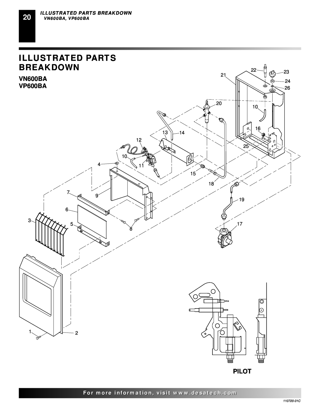 Desa VN10A installation manual Illustrated Parts Breakdown, VN600BA VP600BA, Pilot 