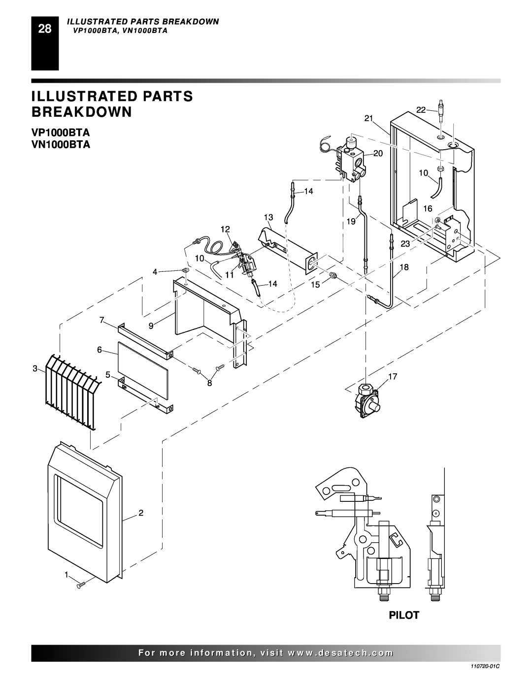 Desa VN10A installation manual VP1000BTA VN1000BTA, Illustrated Parts Breakdown, Pilot, VP1000BTA, VN1000BTA 