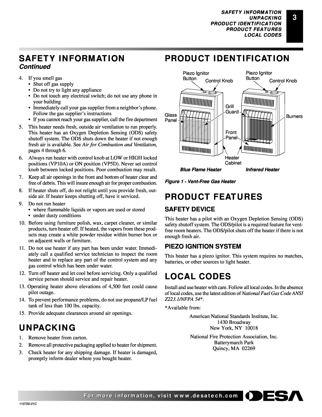 Desa VN10A Unpacking, Product Identification, Product Features, Local Codes, Continued, Safety Device, Safety Information 