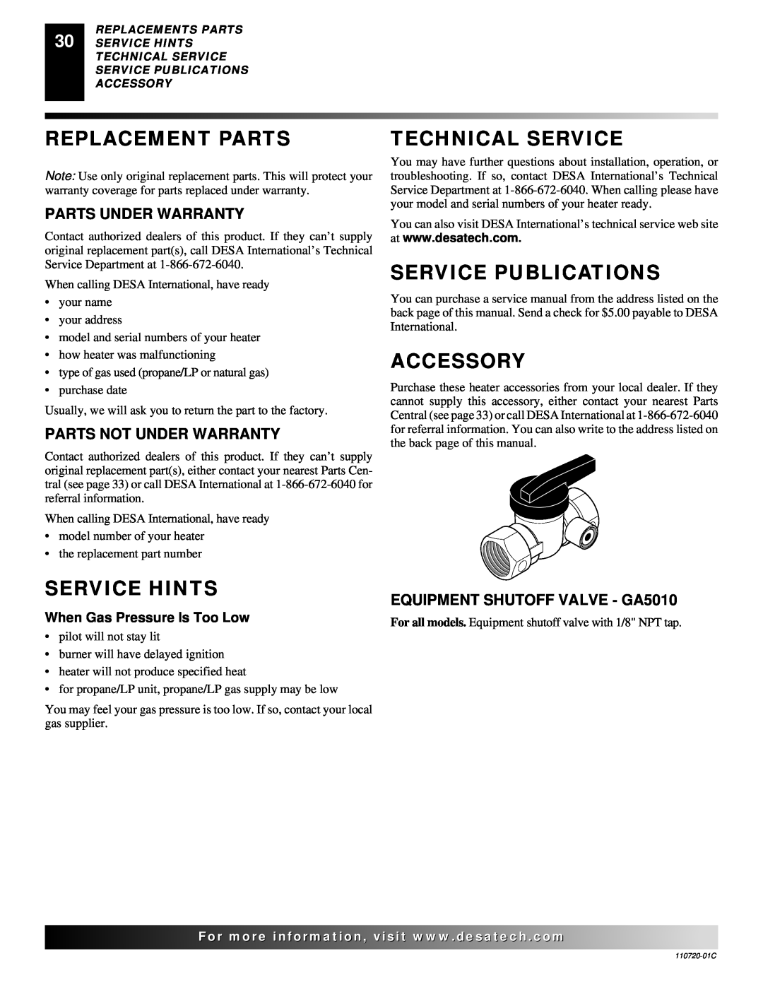 Desa VN10A Replacement Parts, Technical Service, Service Publications, Service Hints, Accessory, Parts Under Warranty 