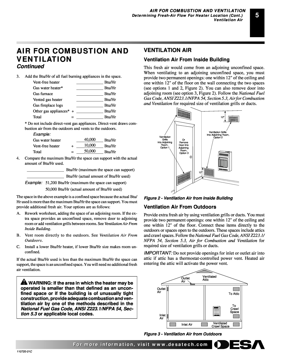 Desa VN10A Air For Combustion And, Ventilation Air From Inside Building, Ventilation Air From Outdoors, Continued 