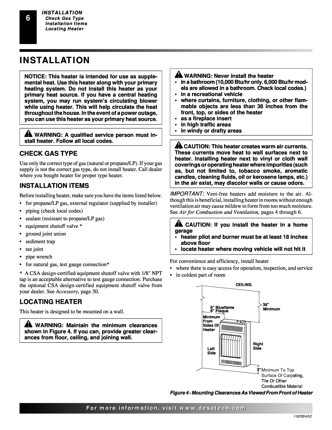 Desa VN10A installation manual Check Gas Type, Installation Items, Locating Heater 