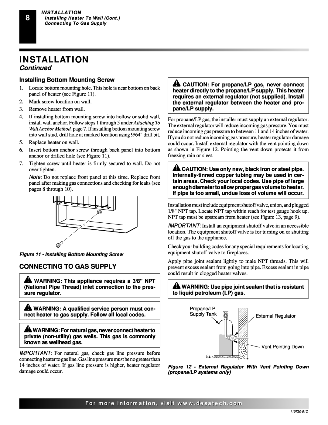Desa VN10A installation manual Connecting To Gas Supply, Installing Bottom Mounting Screw, Installation, Continued 