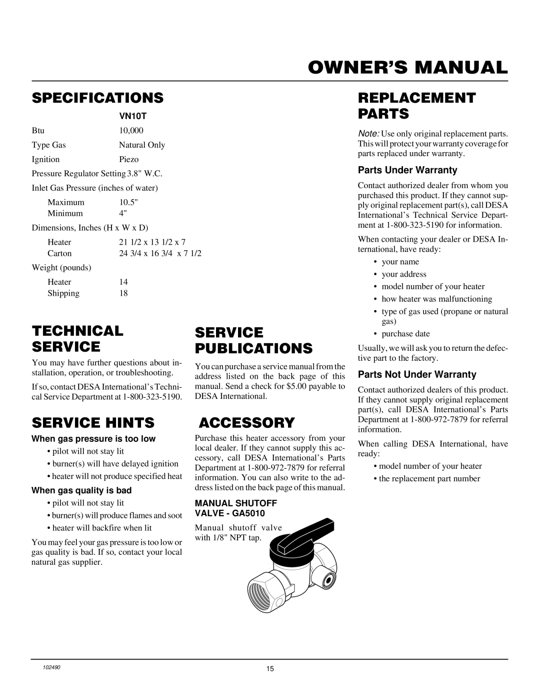 Desa VN10T Specifications, Replacement Parts, Technical Service, Service Publications, Service Hints, Accessory 