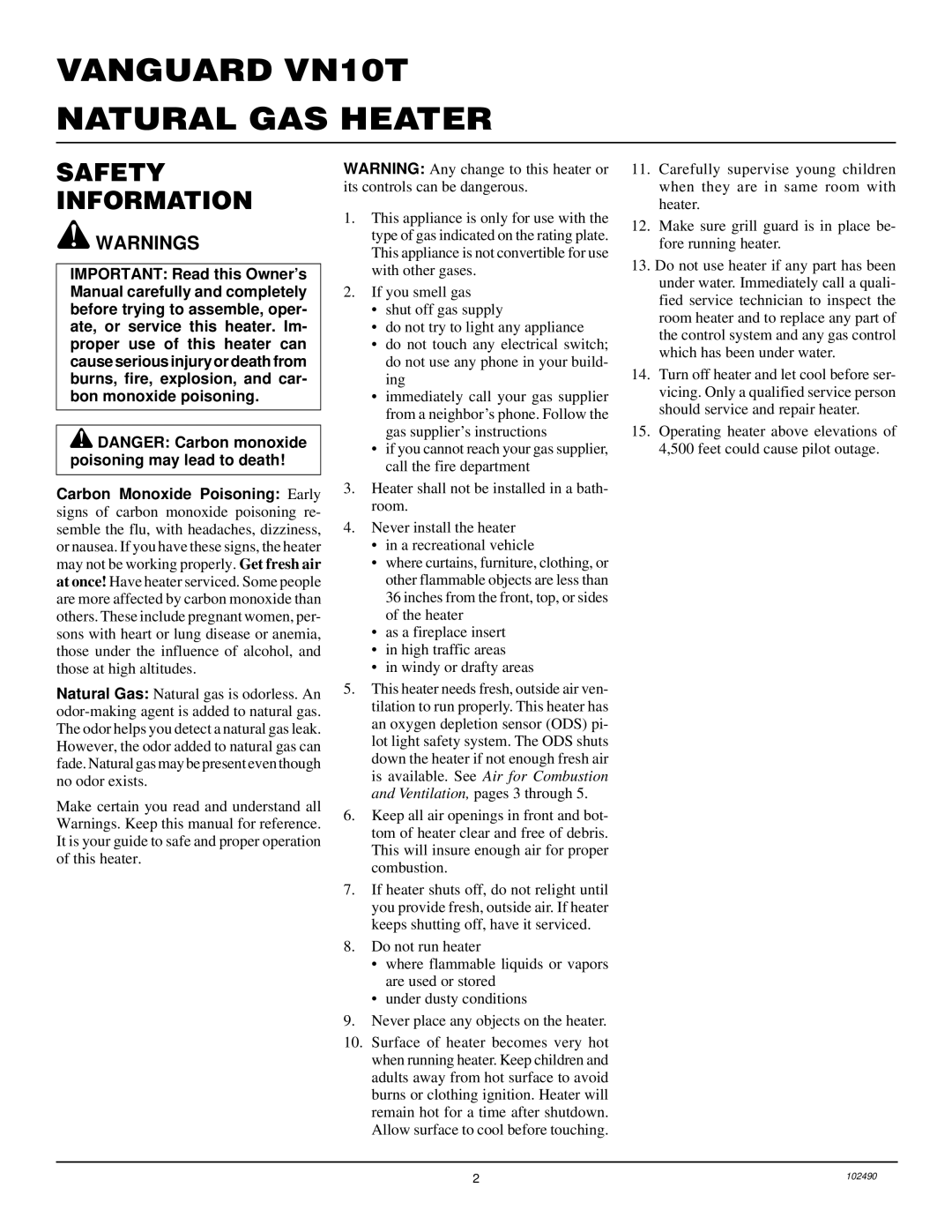 Desa installation manual Vanguard VN10T Natural GAS Heater, Safety Information 