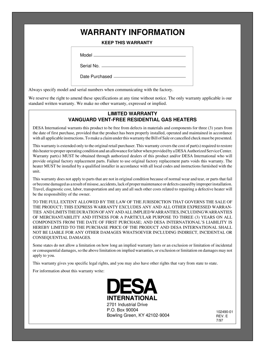 Desa VN10T installation manual Warranty Information, Limited Warranty Vanguard VENT-FREE Residential GAS Heaters 