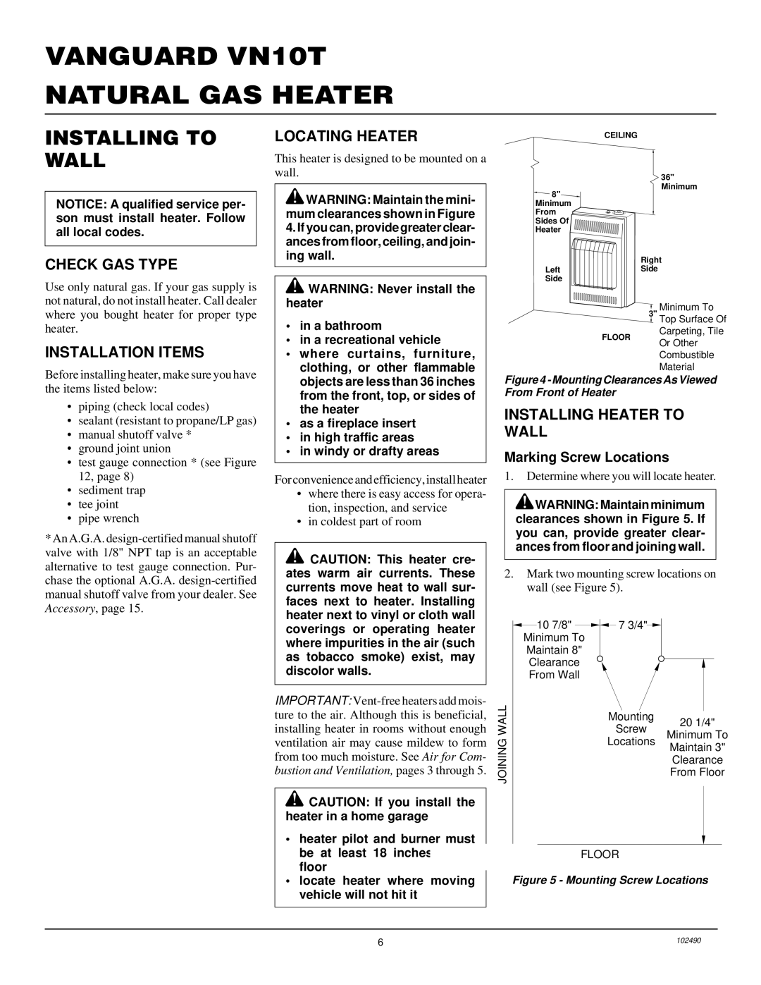 Desa VN10T Installing to Wall, Check GAS Type, Locating Heater, Installation Items, Installing Heater to Wall 