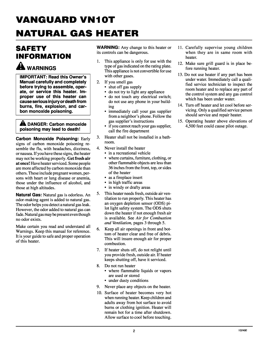 Desa installation manual VANGUARD VN10T NATURAL GAS HEATER, Safety Information, Warnings 