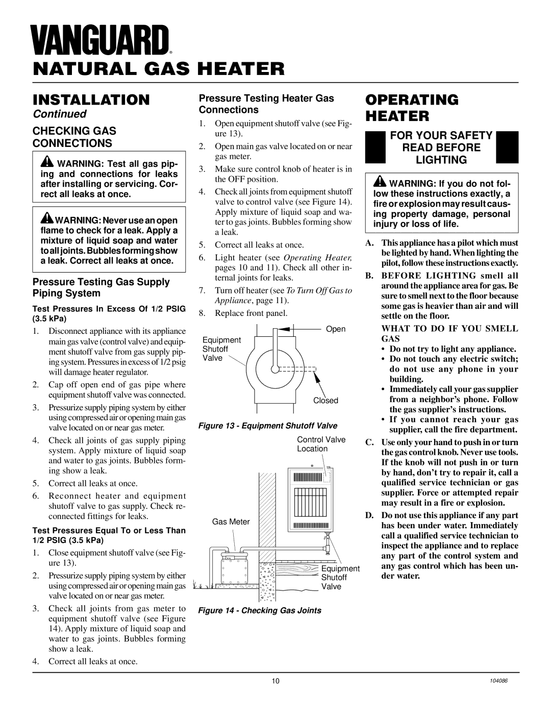 Desa VN10TA installation manual Operating Heater, Checking GAS Connections, For Your Safety Read Before Lighting 