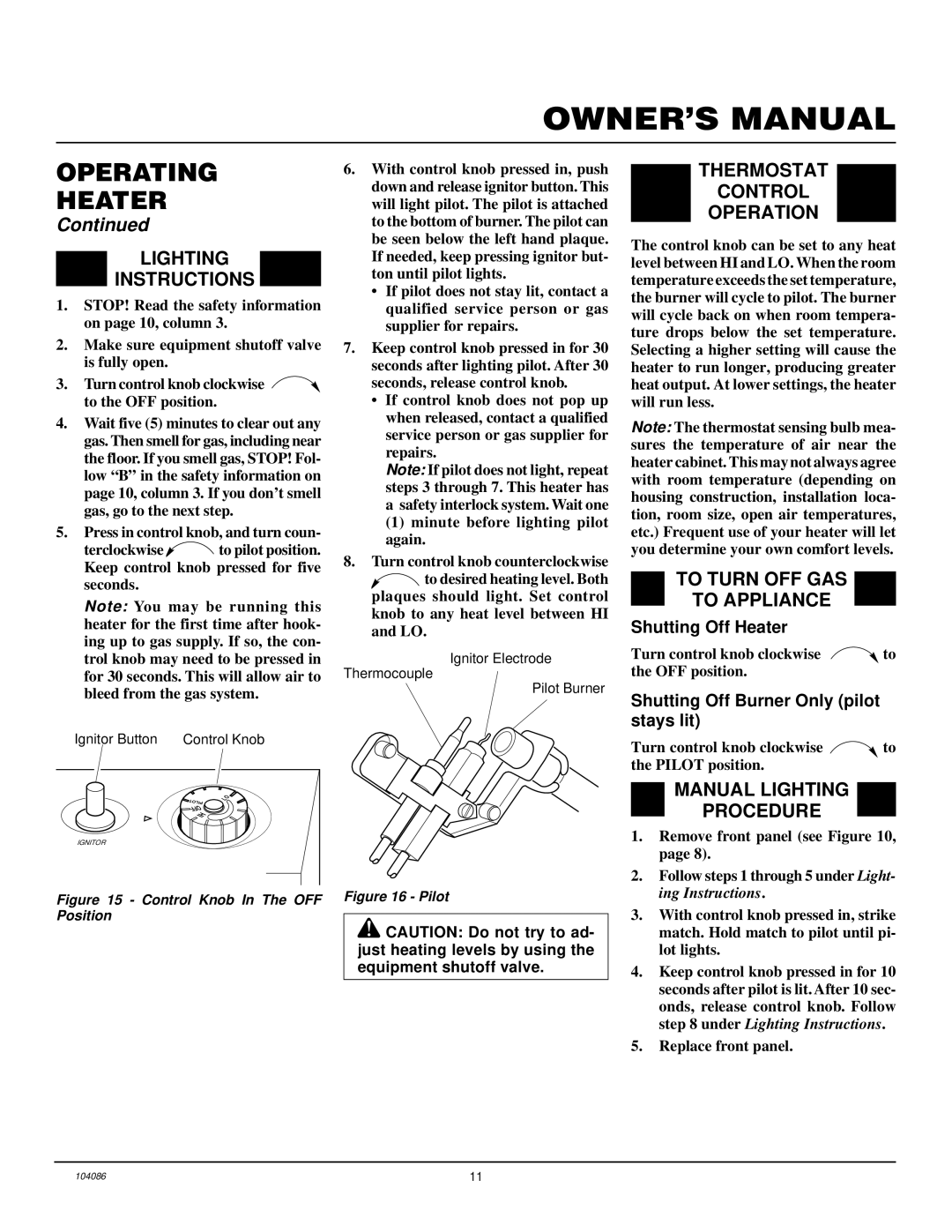 Desa VN10TA Lighting Instructions, Thermostat Control Operation, To Turn OFF GAS To Appliance, Manual Lighting Procedure 