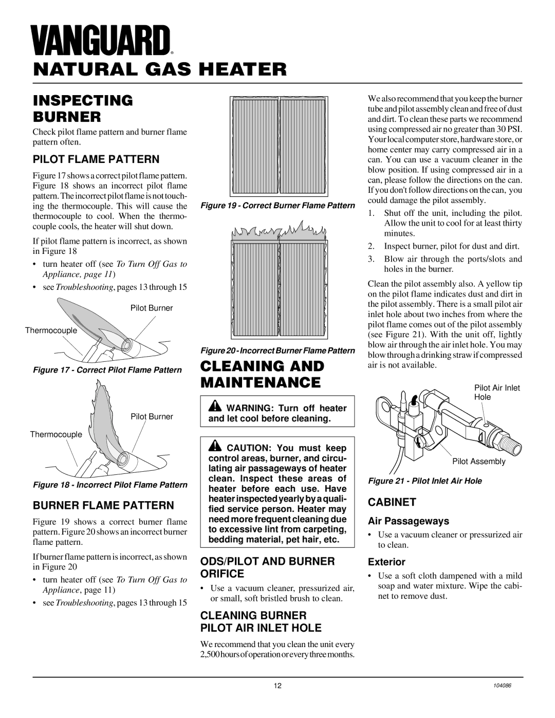 Desa VN10TA installation manual Inspecting Burner, Cleaning and Maintenance 