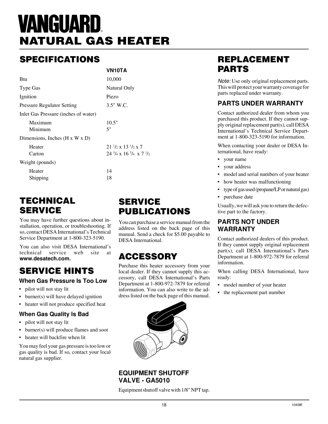 Desa VN10TA Specifications, Technical Service Servicepublications Replacement Parts, Service Hints, Accessory 