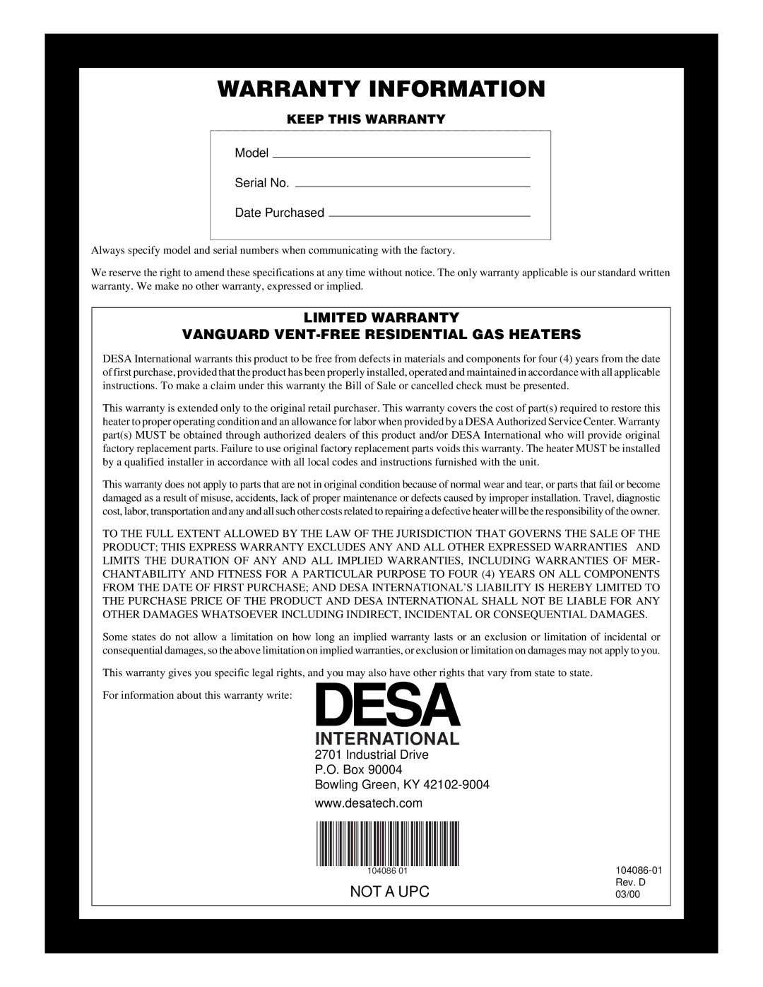 Desa VN10TA installation manual Warranty Information 